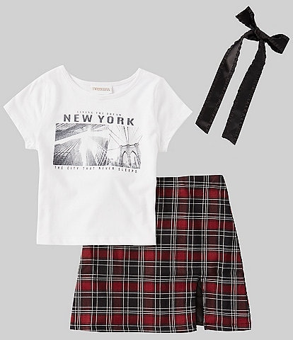 Tween Diva Big Girls 7-16 Short Sleeve Graphic T-Shirt & Plaid Skirt Set