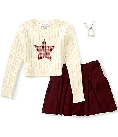 Tween Diva Big Girls Long Sleeve Star Appliqued Cable Knit Sweater & Coordinating Skort Set