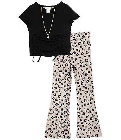 Tween Diva Big Girls Rib Knit Ruched T-Shirt And Leopard Print Flare Pants 2-Piece Set