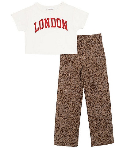 Tween Diva Big Girls Short Sleeve Graphic London T-Shirt & Leopard Printed Twill Pants Set