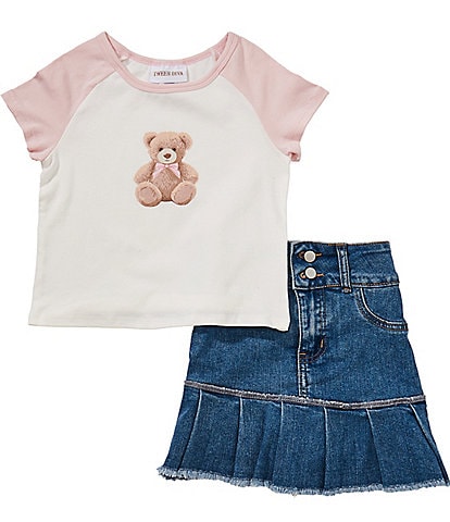 Tween Diva Big Girls Short Sleeve Graphic Raglan T-Shirt & Denim Pleated Skort Set