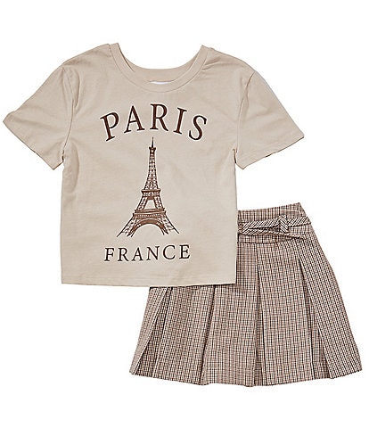 Tween Diva Big Girls Short Sleeve Graphic T-Shirt & Plaid Bow Tie Pleated Skort Set