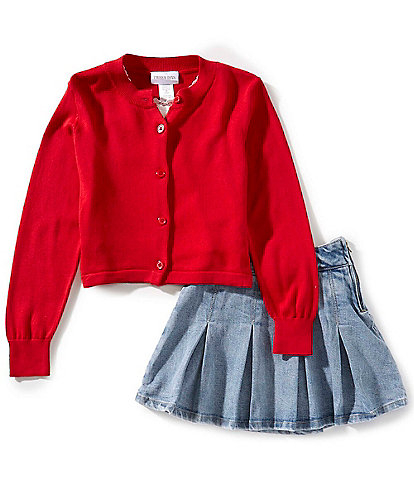 Tween Diva Big Girls Solid Top With Knit Cardigan And Denim Skort 3-Piece Set