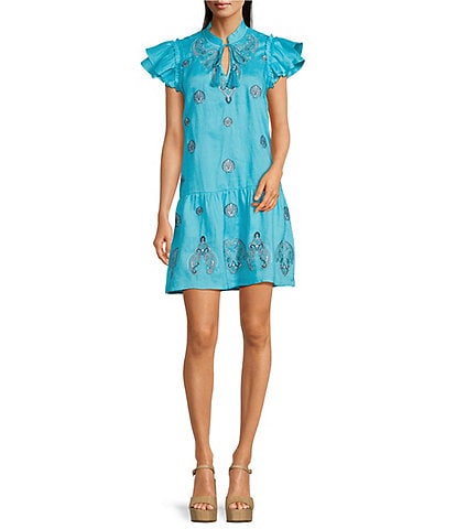 tyler boe Aimee Linen Mandarin Collar Cap Sleeve Embroidered Drop Waist Dress