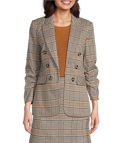 tyler boe Blair Stretch Woven Buckingham Plaid Peak Lapel 3/4 Ruched Sleeve Double Breasted Jacket