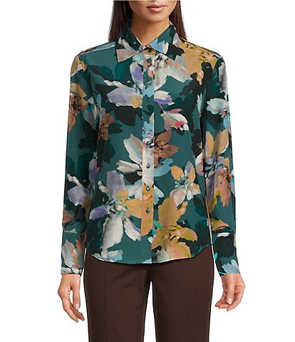 tyler boe Chloe Silk Watercolor Floral Print Point Collar Long Sleeve Button Front Shirt