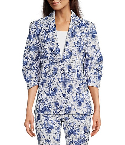 tyler boe Cooper Stretch Twill Toile Print Notch Lapel Collar 3/4 Ruched Sleeve Coordinating Blazer