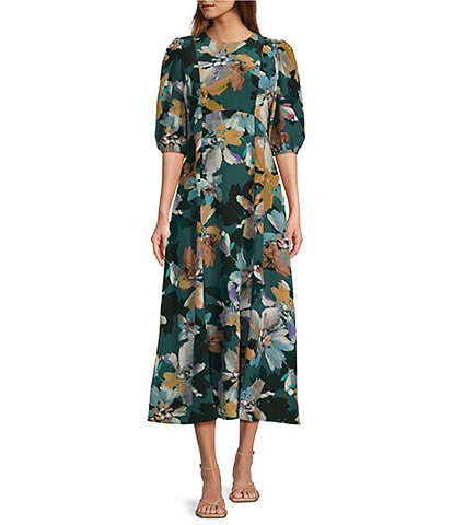 tyler boe Frankie Woven Floral Print Round Neck Short Sleeve A-Line Dress