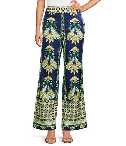 tyler boe Gianna Coordinating Cabana Foulard Printed Silk Blend High Rise Straight Leg Pants