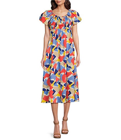 tyler boe Hailey Puzzle A-Line Scoop Shirred Neck Cap Sleeve Cinched Waist Midi Dress