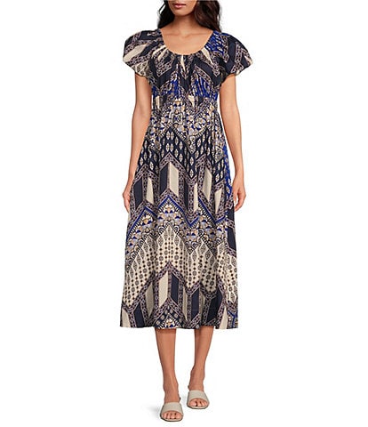 tyler boe Hailey Tapestry Foulard Print Scoop Neck Puff Cap Sleeve Empire Waist Midi A-Line Dress