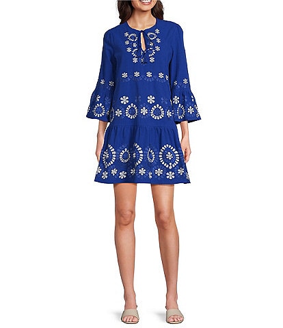tyler boe Holly Split Round Neck Bell Sleeve Embroidered Tiered Shift Dress