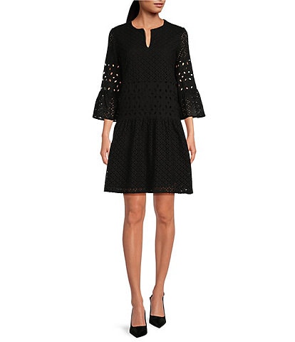 tyler boe Ingrid Eyelet Crew Neck Split V 3/4 Bell Sleeve Tiered Dress