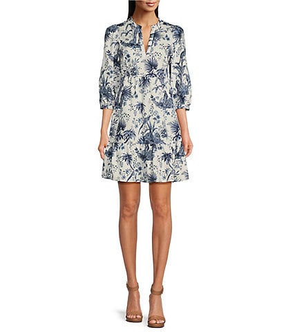 tyler boe Karlie Toile Print Ruffle Collar V-Neck 3/4 Ruched Sleeve A-Line Dress