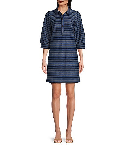 tyler boe Knit Stripe Point Collar 3/4 Sleeve Button Front Dress