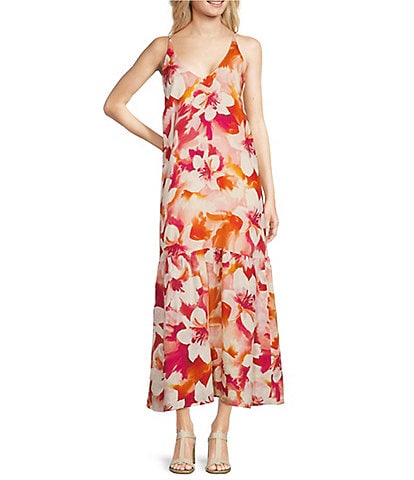 tyler boe Lexi Linen Floral Print Halter V-Neck Sleeveless Drop Waist Maxi A-Line Dress