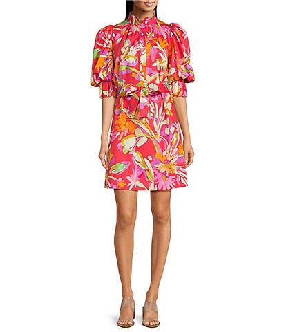 tyler boe Lydia Woven Mandarin Collar Short Puff Sleeve Shirtdress