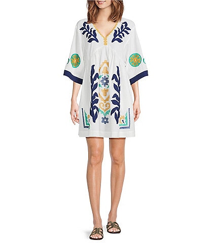 tyler boe Naomi Egret Print V-Neck Elbow Sleeve Caftan Dress