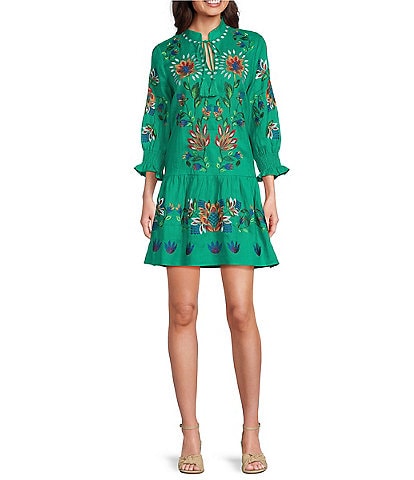 tyler boe Niki Linen Split V-Neck Tassel Tie 3/4 Sleeve Embroidered Dress