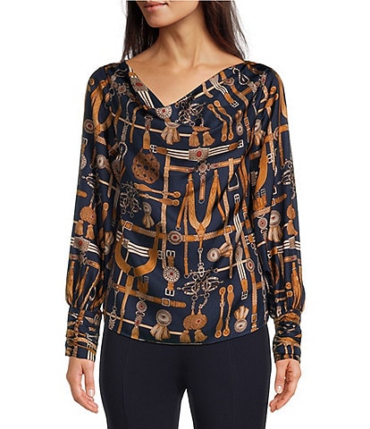 tyler boe Olivia Equestrian Silk Twill Printed Draped Cowl Neck Long Sleeve Blouse