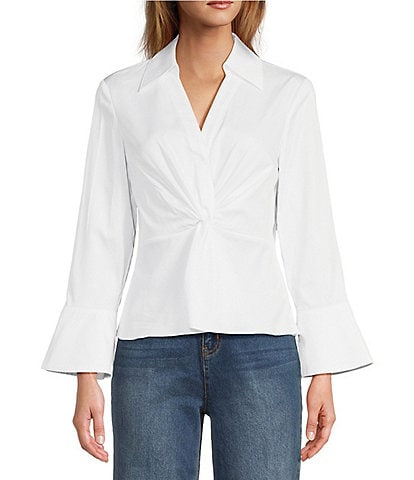 tyler boe Paige Woven Point Collar V-Neck Long Bell Sleeve Twist Front Shirt