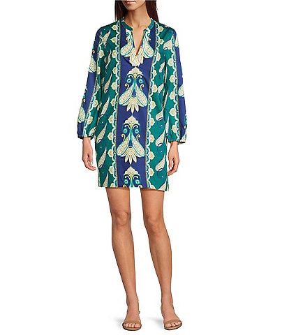 tyler boe Paulie Cabana Foulard Print Split V-Neck Bracelet Sleeve Shift Dress