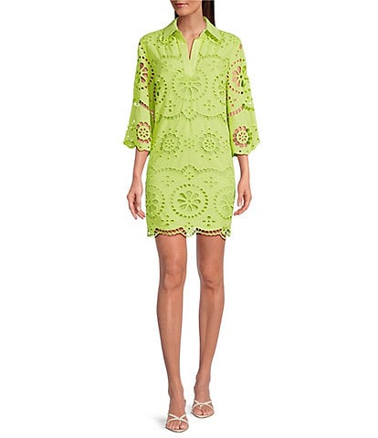tyler boe Penny Eyelet Point Collar Split V-Neck 3/4 Bell Sleeve Scallop Dress