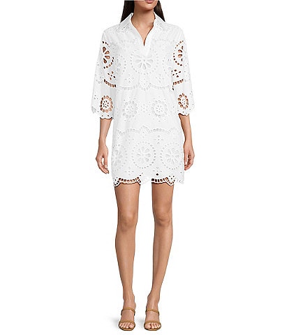 tyler boe Penny Eyelet Point Collar Split V-Neck 3/4 Bell Sleeve Scallop Dress