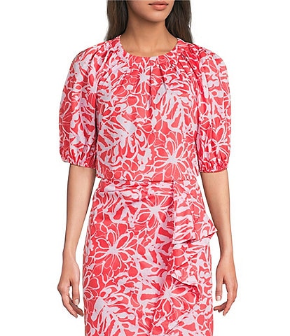 tyler boe Renee Round Neck Floral Short Puff Sleeve Coordinating Top