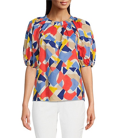 tyler boe Renee Woven Puzzle Printed Crew Neck Short Puff Sleeve Pleated Top