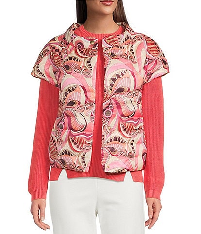 tyler boe Shelly Tucci Print Stand Collar Cap Sleeve Quilted Vest