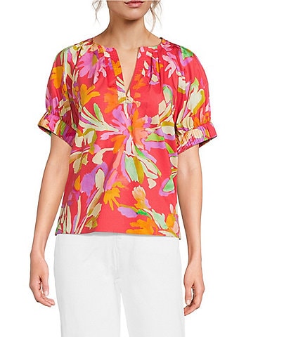 tyler boe Skyler Cotton Flora Split V-Neck Short Puff Sleeve Top