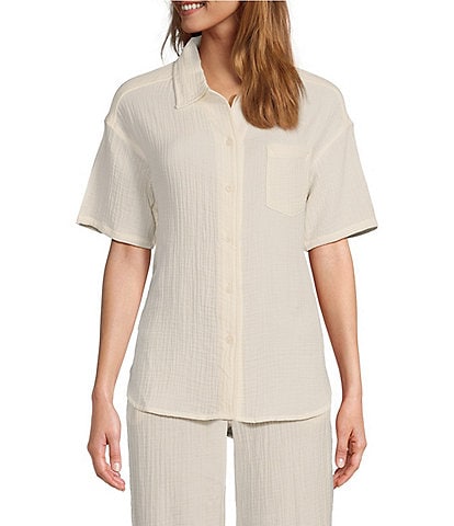 UGG Embrook Cotton Gauze Chest Pocket Button-Front Notch Collar Coordinating Lounge Top