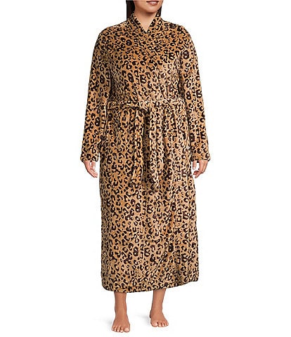 UGG® Leopard Print Plus Size Long Sleeve Double Fleece Long Wrap Marlow Cozy Robe