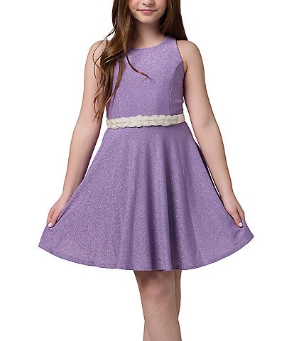 Un Deux Trois Big Girls Glitter Knit Racerback Jeweled Waist Dress