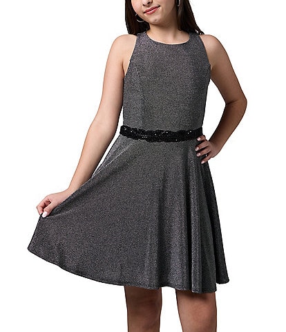 Un Deux Trois Big Girls 7-16 Glitter Knit Racerback Jeweled Waist Dress