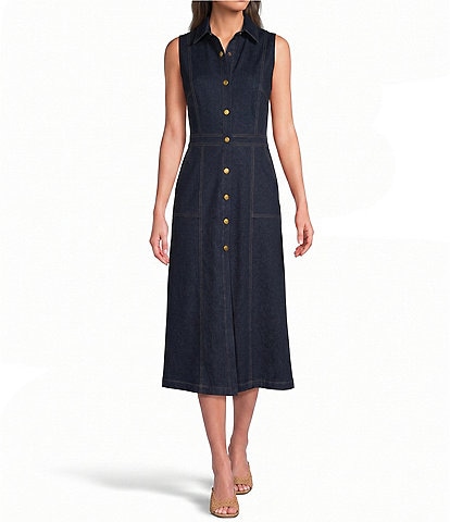 nz by Nic + Zoe Dakota Cotton Poplin Round Neck Sleeveless A-Line Midi Dress