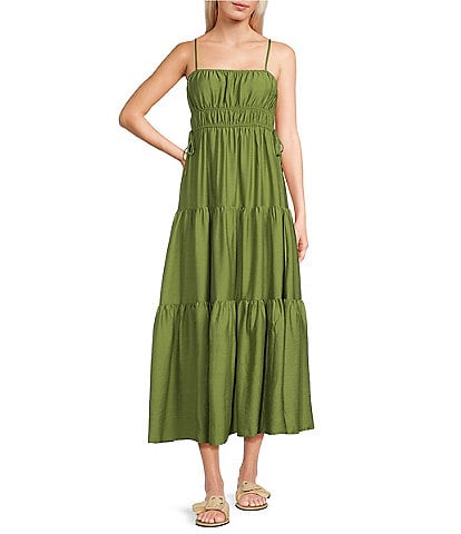 all in favor green dress Square Neck Ruched Waist Midi Gulf Fashion