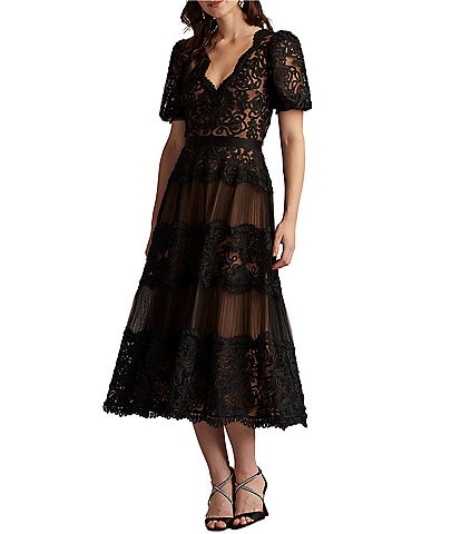 Tadashi Shoji Short Sleeve V Neck Embroidered Lace Midi Dress