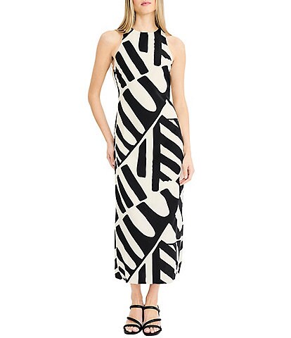 donna morgan halter dress Printed Crepe De Chine Wave Print Neck Sleeveless Midi BFCM-2025