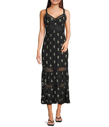 Blu Pepper Sleeveless Floral Print Lace Trim Long Dress