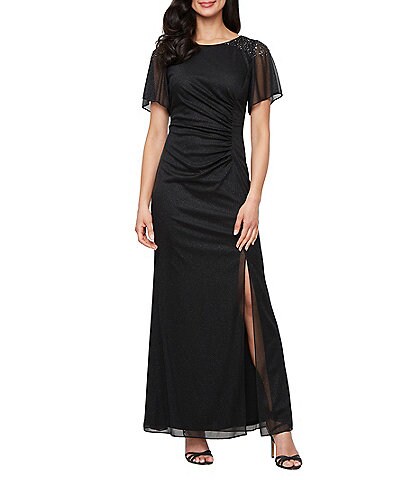 ignite evenings petite dresses Size Short Flutter Sleeve Square Neck Ruched Sheath Dress hourglass shape Color:Brunette floral jacquard fabrication v Wedding Dress Back Jewellery Formal gowns
