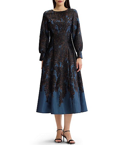 Aidan Mattox Mesh 3D Embroidered Illusion Crew Neck Long Sleeves