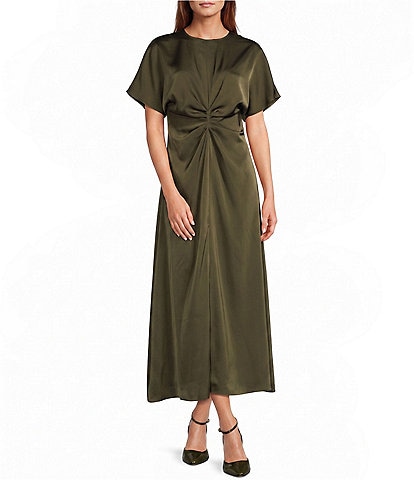 dresses antonio melani Gabriella Satin Ruched Jewel Neck Short Sleeve Flounce Midi Dress creation_date_recorded Set:Boxed Set (With Tie/Square/Tie Bar) - Save £5.00 Women's Blue-Green Mini Dresses Midi dress