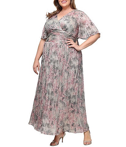 pink and grey plus size dresses Long Metallic Printed Dress With Flutter Sleeves occasion:rush