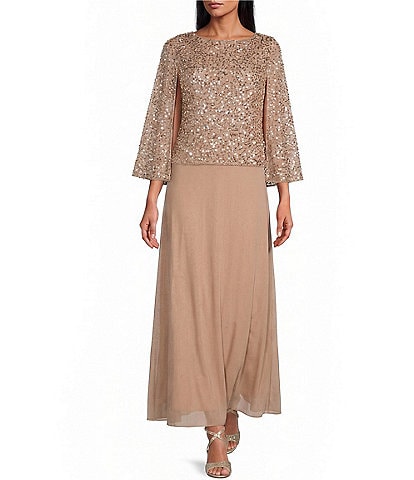 Pisarro Nights Beaded Illusion Boat Neck 3/4 Sleeve A-Line Dress