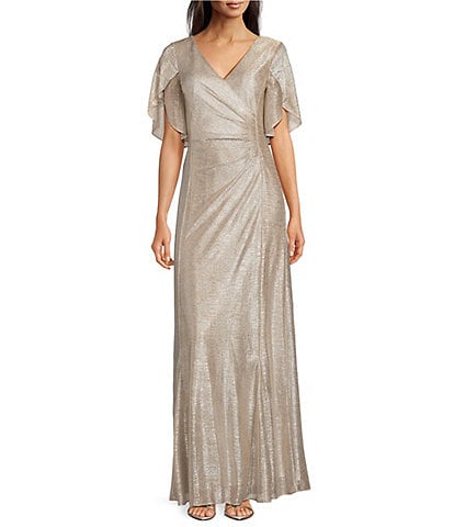 Ignite Evenings Short Flutter Sleeve Scoop Neck Glitter Mesh Dress