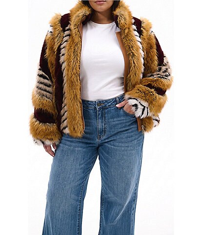 Azalea Wang Plus Size Chiara Faux Fur Animal Stripe Stand Collar