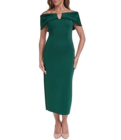 xscape halter midi dress Scuba Crepe Off The Shoulder Neck Ruffle Trim Pleated category_sale