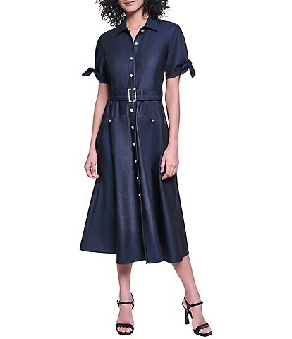 BCBG Denim Crew Neck Short Sleeve Button Front Pleated Hip Belted Mini Shirt Dress